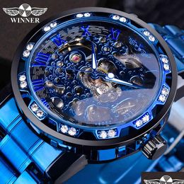 Relojes de pulsera Ganador Diamante transparente Reloj mecánico Azul Acero inoxidable Esqueleto Relojes Top Marca Negocio de lujo Lumi Dhgarden Ot8Ix