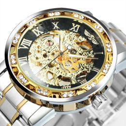 WINNER Transparant skelethorloge voor heren Mechanische horloges Diamanten horloges Heren Luxe roestvrijstalen band Unisex Klok 231128