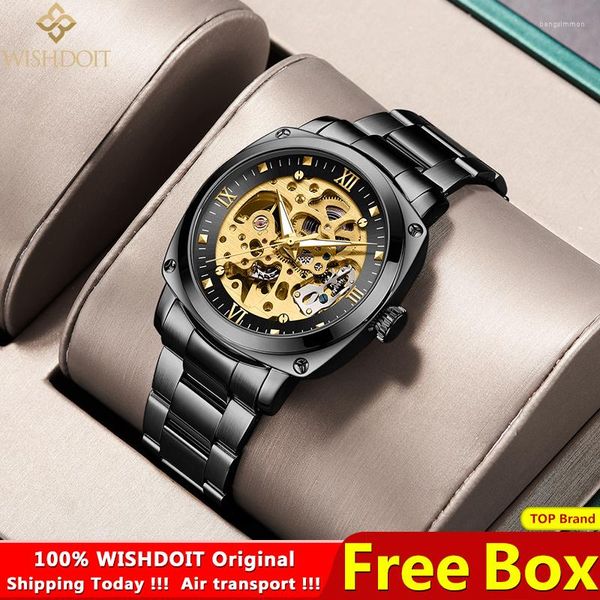 Relojes de pulsera WISHDOIT reloj mecánico automático para hombres inoxidable resistente al agua oro 2023 moda negocio hueco reloj de pulsera de marca superior