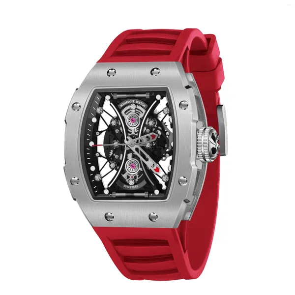 Relojes de pulsera Wishdoit Skeleton Quartz Mens Luxury Tonneau Watch Luminoso 50M Impermeable para hombres FKM Correa de goma Reloj de pulsera deportivo