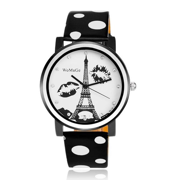 Relojes de pulsera WOMAGE 2023, relojes de la Torre Eiffel para mujer, relojes redondos de cuero con lunares para mujer, bonito reloj para mujer