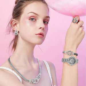 Montres-bracelets pour femmes, ensemble de bijoux en cristal, cadeaux pour petite amie, montres à Quartz, collier et boucles d'oreilles longues, 2021