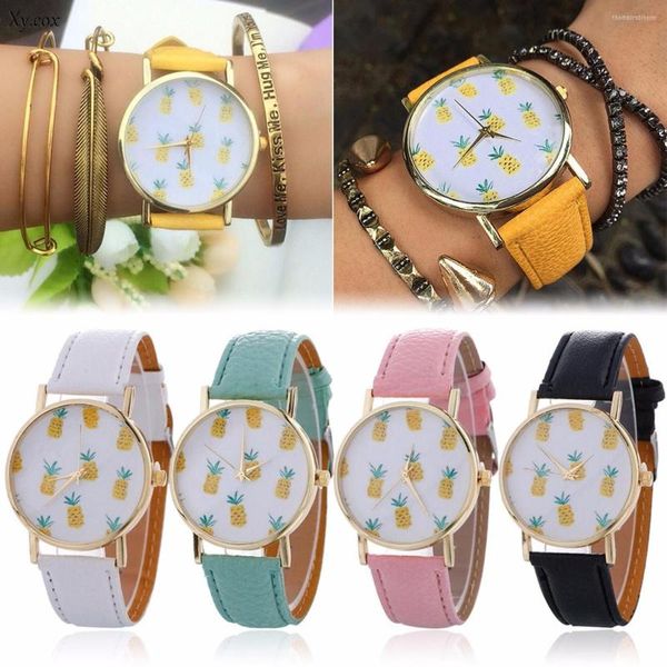 Relojes de pulsera Reloj de pulsera analógico de cuarzo con banda de cuero y patrón de piña a la moda para mujer