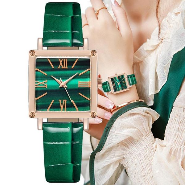 Montres-bracelets Montre Femme Quartz Mode Carré Turquoise Rome Pour Femme Décontracté Simple Vert Bracelet Cuir Horloge