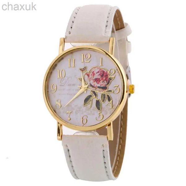 Montre-bracelets Femmes Numéro arabe Rose Fleur Round Round Band Band en cuir Quartz WROW D240417