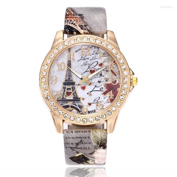 Relojes de pulsera Mujeres Relojes grandes Moda Cristal de lujo París Torre Eiffel Banda de cuero Reloj de pulsera de cuarzo Relojes casuales para mujer Relojes de pulsera Wi