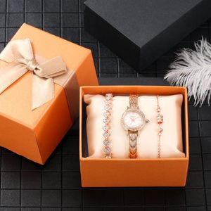 Montres-bracelets femmes exquise montre ronde en or rose 2 pièces beaux bracelets coffret cadeau de noël avec boîte présente pour femme maman montres-bracelets