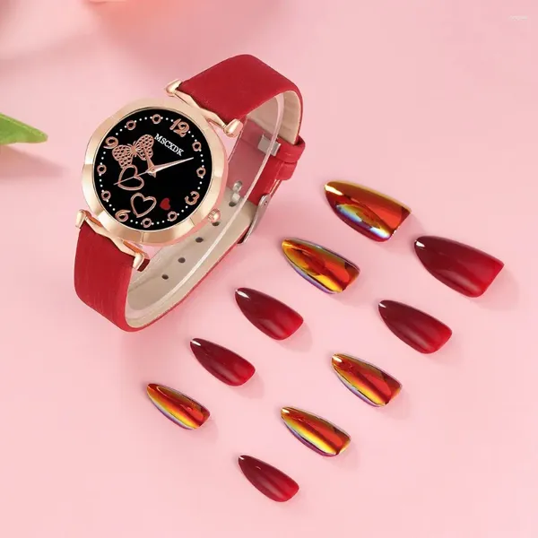 Montre-bracelets Femmes Fashion Leather Belt Heart Watches False Nail Tablets Set Quartz Enhancement Montre Femme