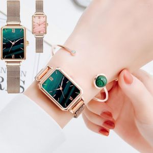 Polshorloges Women Fashion Quartz Watch Bracelet set groene rechthoek wijzerplaat vrouwelijke horloges eenvoudige legering mesh luxe dames polsbandje