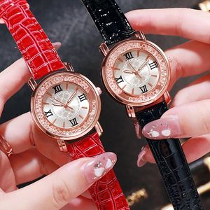 Montres-bracelets pour femmes et filles, montre-bracelet à Quartz Simple, bracelet en cuir PU, perles de cristal, cadran rond, pour robe, horloge