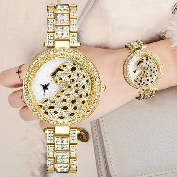 Montres-bracelets femmes or léopard montre de luxe mode bling dames décontracté femme quartz cristal diamant pour horloge