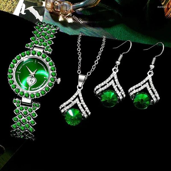 Montre-bracelets Femme Green Watch Ring Collier Boucles d'oreilles Bracelet Set Diamond Fashion Wristwatch Femelle Femelle Dames Casual Quartz Watches Bijoux
