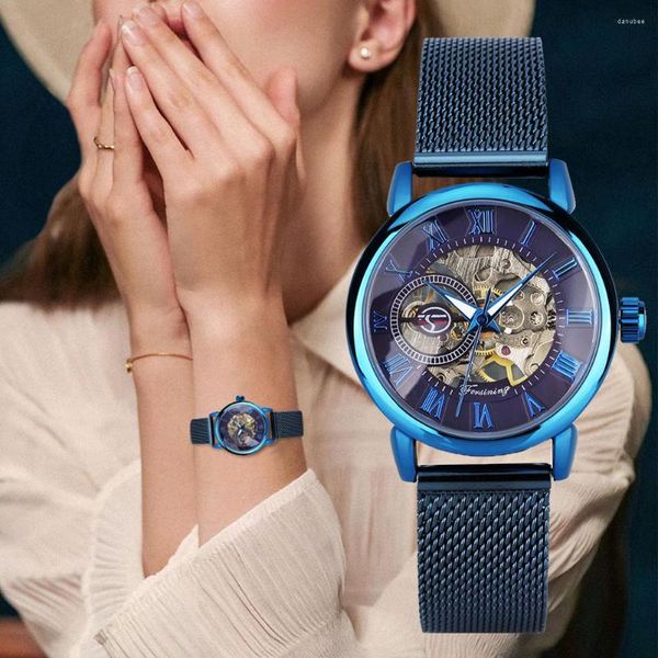 Montres-bracelets femmes montre mécanique remontage manuel luxe maille ceinture cadeau pour petite amie creux cadran romain horloge Reloj Mecanico
