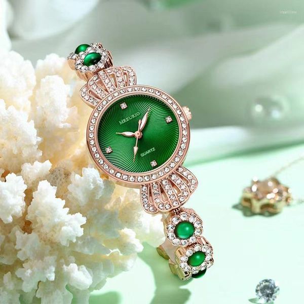Relojes de pulsera Mujer Cuarzo Corona de lujo Reloj de pulsera Ocio y moda Relojes de piedras preciosas verdes Gota