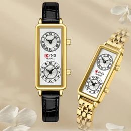 Relojes de pulsera Reloj de cuarzo para mujer Reloj de lujo con doble hora y 2 movimientos Reloj con esfera Reloj de acero inoxidable Reloj rectangular Horas Reloj de pulsera dorado y negro para mujer