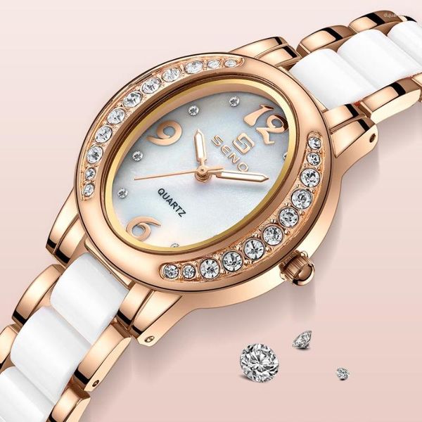 Montres-bracelets Femmes Quartz Montre Reloj Oval Case Luxe Orologio avec diamant incrusté lunette or rose bracelet blanc horloge dames montre-bracelet