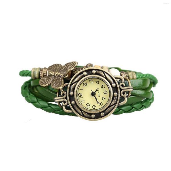 Montres-bracelets Femmes Rétro Bracelet Montre-Bracelet Weave Wrap Faux Cuir Papillon Perles Pendentif Chaîne