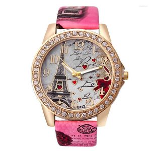 Relojes de pulsera Mujer Oro rosa Relojes de cristal Moda París Torre Eiffel Banda de cuero Cuarzo Niñas Damas Envío gratis