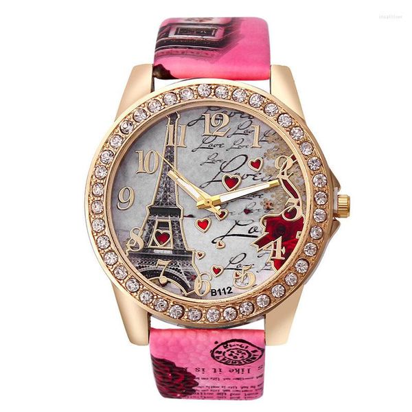 Montres-bracelets femmes or Rose cristal montres mode Paris tour Eiffel bracelet en cuir Quartz filles dames livraison gratuite