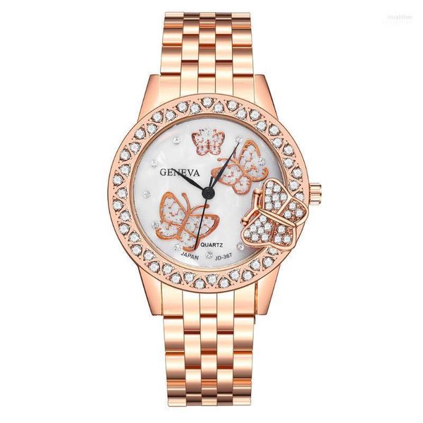 Relojes de pulsera Mujer Oro rosa Diamante Mariposa Pulsera Relojes Lujo Impermeable Cuarzo Rhinestone Ginebra Muñeca Relogio FemininoWristwatche