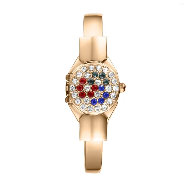 Relojes de pulsera Pulsera de mujer Reloj de oro Conjunto de brillo de moda con máquina de piedras preciosas rojas y azules Estiramiento abierto Regalo del día de San Valentín