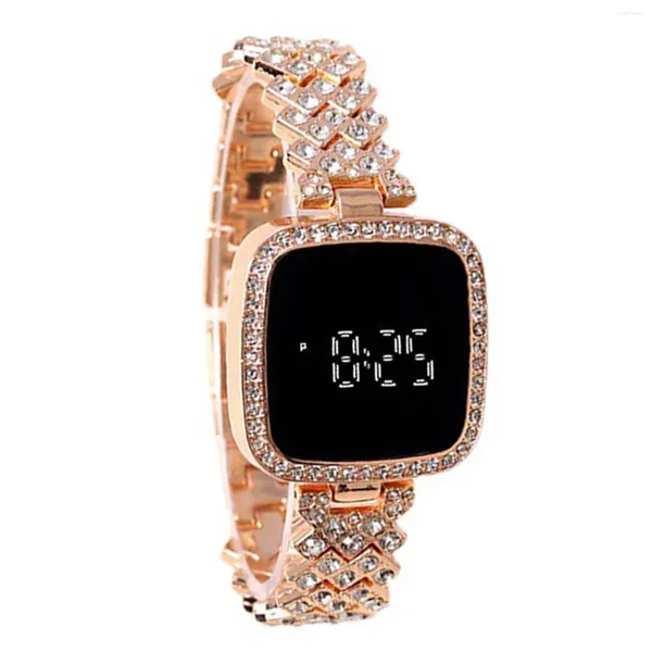 Relojes de pulsera Reloj de pulsera de cristal para mujer con banda con incrustaciones de diamantes de imitación electrónicos para regalo de cumpleaños de novia