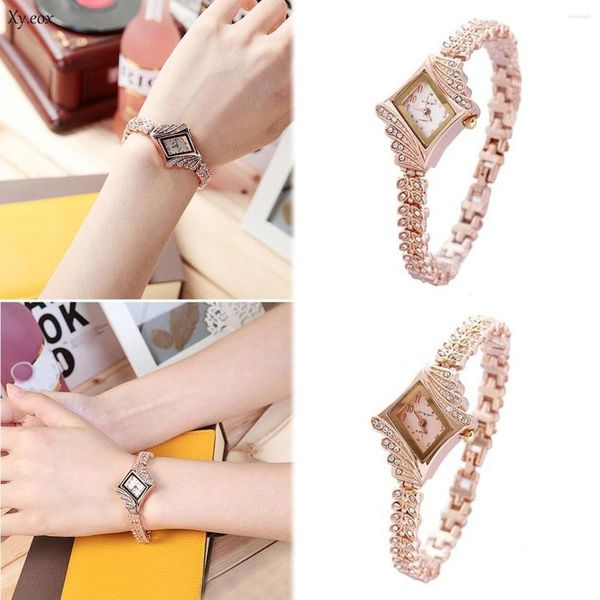 Montres-bracelets Femme Crystal Rhombus Dial Plume Feuilles Bande Quartz Bracelet Montre-Bracelet