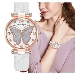 Montre-bracelets Fashion White White Butterfly Diamond Design Watches Brand Ladies Quartz Wristwatch Simple Femme Leather Band Clock
