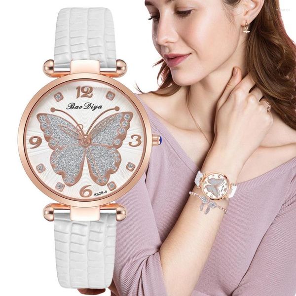 Montres-bracelets Femmes Mode Blanc Papillon Diamant Ensemble Design Montres 2023 Marque Dames Quartz Montre-Bracelet Simple Femme Bande En Cuir Horloge