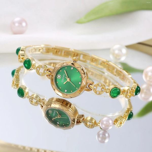 Relojes de pulsera Reloj de lujo ligero para mujer Marca Moda Verde Jade Conjunto de diamantes Pequeño Patrón de moneda de oro impermeable Pulsera WatchV71