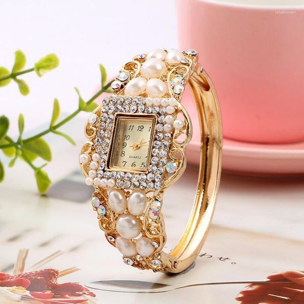 Montres-bracelets de luxe pour femmes, pointeur carré, Quartz, strass, fausses perles, manchette, horloge Relogio Feminino