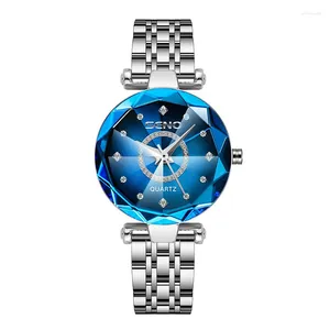 Montre-bracelets pour femmes de l'océan Cœur clair de luxe Quartz Visage diamant visage brillant verre à multiples facettes imperméable