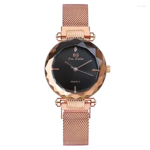 Horloges Dameshorloge met roze wijzerplaat Klok Werkarmband Set Kwarts Roségoud Magnetisch