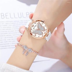 Montres-bracelets Montre à Quartz pour Femme Mode Papillon Rose Diamant Ultra Mince Montres en Cuir Blanc Cadeau Montre Femme Luxe