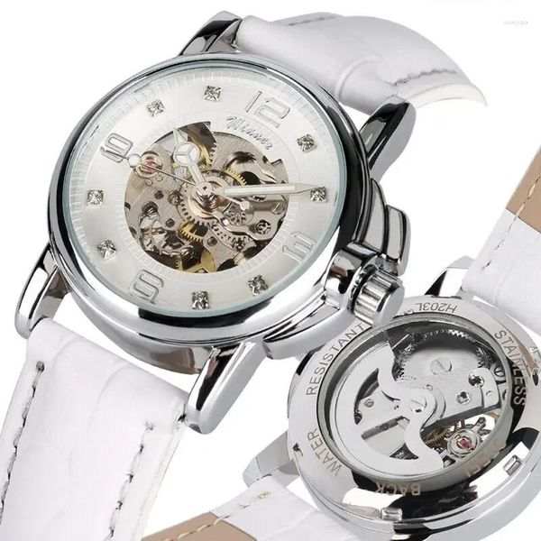 Relojes de pulsera Reloj para mujer Reloj de pulsera con esqueleto mecánico automático Regalos de cuerda automática Correa de cuero blanca para mujer