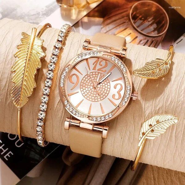 Montre-bracelets Bracelet Bracelet Set en cuir Sangle en cuir Minimaliste Minimaliste Crystal Crystal Round Round Horloge Cadeaux