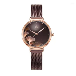Montres-bracelets montre pour femme femme motif feuille de Ginkgo bracelet en maille d'acier célèbre montre-bracelet étanche haute beauté Quartz 0139