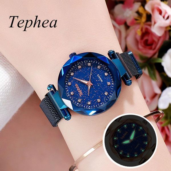 Relojes de pulsera Reloj de mujer Relojes luminosos Señoras Reloj de pulsera de cielo estrellado Pulsera de lujo Rihnestone Esfera azul Relojes de moda Para Mujer