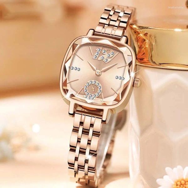 Mujeres de pulsera Reloj Women's Luxurious Square Dial Diseño de oro Rose Gold Steel Band de cuarzo Regalo de moda impermeable para esposa y novia