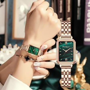Montres-bracelets montre pour femme étanche vert rectangle cadran de luxe quartz pour femmes bracelet en acier inoxydable montre-bracelet avec boîte
