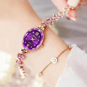 Relojes de pulsera Reloj para mujer Impermeable Oval Dial Acero inoxidable Púrpura Pétalo Banda 2023OGDA Alta Calidad Girl Lover Reloj Regalo