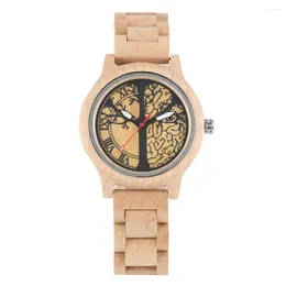 Relojes de pulsera Reloj para mujer Cuarzo de madera Reloj de pulsera natural Luminoso Árbol de arce completo de la vida Patrón Dial