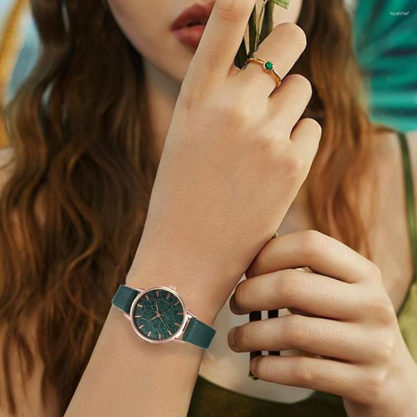 Montres-bracelets Montre-bracelet pour femme Fleurs Vert Petite Dame Robe Montres En Cuir Quaze Horloge Échelle Romaine Relojes Para Mujer Montre Femme