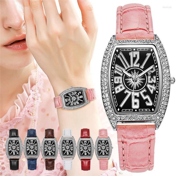 Montres-bracelets Femmes Tonneau Chiffres Arabes Diamant Montres De Luxe Dames En Cuir Horloge À Quartz Relogio Feminino