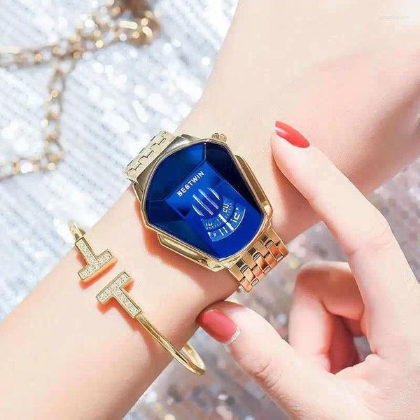 Relojes de pulsera para mujer, reloj con espejo de cristal facetado azul, resistente al agua, malla de acero inoxidable dorado, relojes femeninos