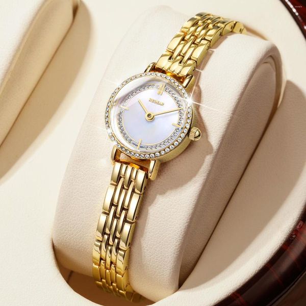 Relojes de pulsera Reloj de mujer Moda Pequeño Mini Dial Relojes Diamante Bisel Lujo Cuero genuino Damas Oro Cuarzo Reloj Mujer Reloj