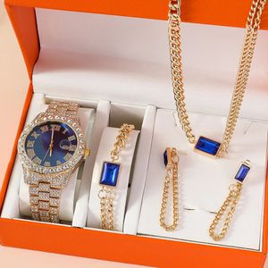 Horloges Dames Horloge Sieraden Set Grote wijzerplaat Iced Out Quartz Klok Luxe Strass Horloge Kristal Ketting Armband Oorbellen Met Doos 231025