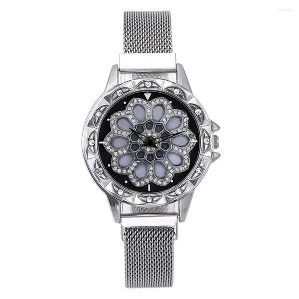 Relojes de pulsera para mujer, reloj con imán de malla, esfera giratoria de 360 grados, cuarzo de diamante de moda de lujo para mujer, reloj femenino