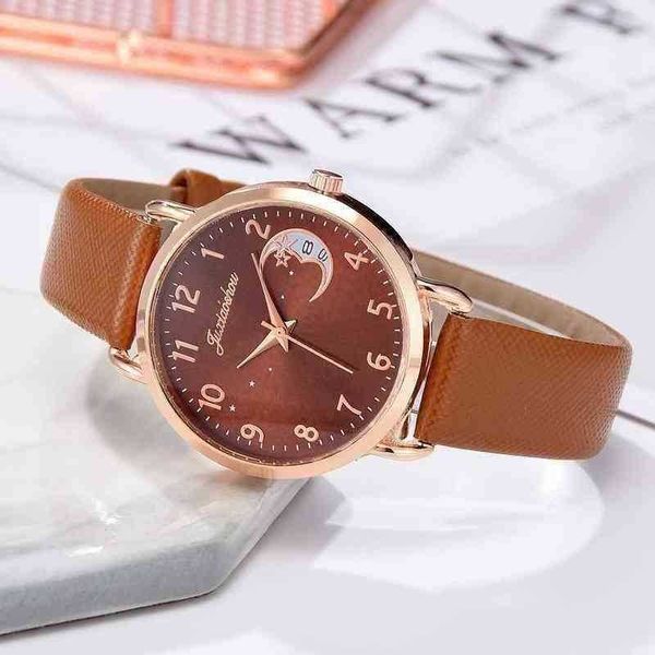 Montres-bracelets Femmes Montre Lune Chiffres Cadran Bracelet Montres Ensemble Dames Bracelet En Cuir Quartz Montre-Bracelet Femme Horloge Relogio Mujer 2023 220708