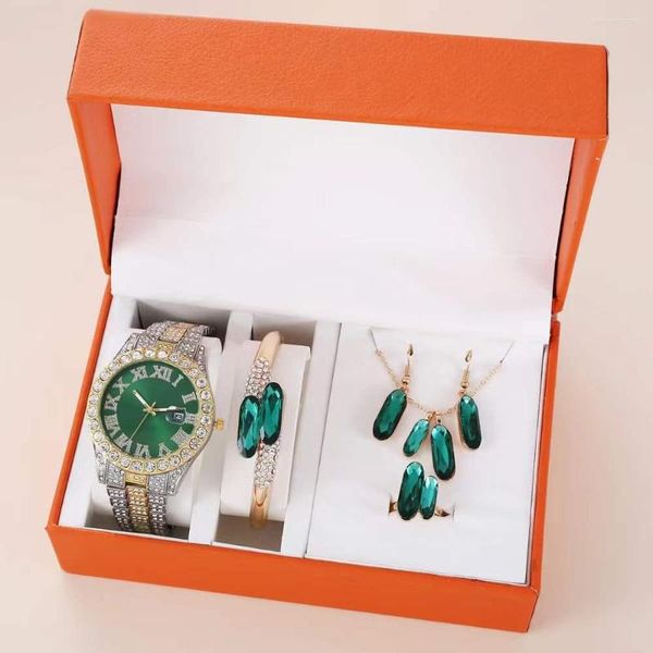 Montres-bracelets femmes montres mode grand cadran dames montre à Quartz ensemble de bijoux vert collier Bracelet 5 pièces cadeaux de luxe pour Femal